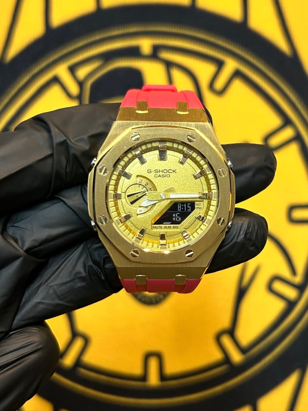 Custom G-Shock Gold Octagon Watch Gold Dial Red Rubber Strap One of a Kind